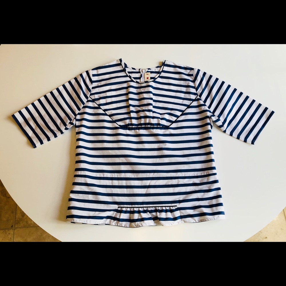 MARNI Blue Breton Striped Ruffled Top